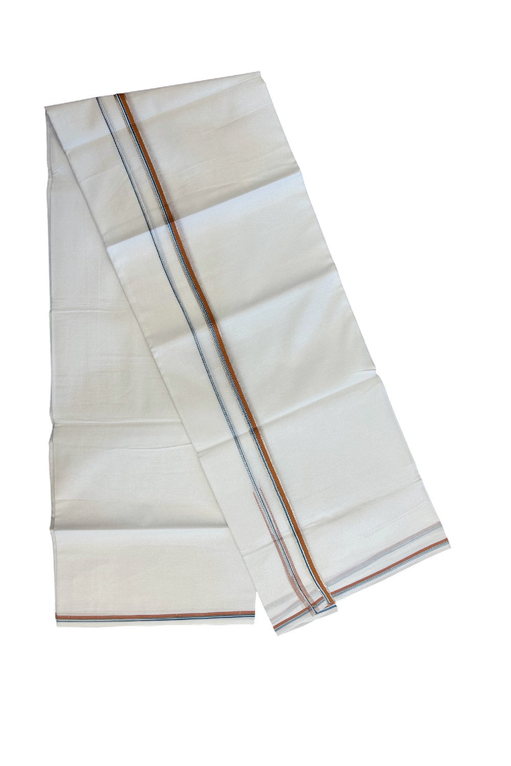 20% Discount !! Kaitharikada Balaramapuram 100% Cotton PURE WHITE DOUBLE Mundu/Dothi- 100X80 Thread - 0.5 inch - Silver Kasavu Orange & Cyan Design Chutty Kara - 14KK5184RAMS
