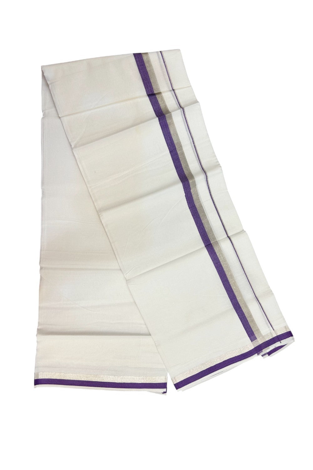 20% Discount !! Kaitharikada Balaramapuram 100% Cotton PURE WHITE Double Mundu/Dothi - 100x100 - 1 inch Silver Kasavu & Violet Kara - 14KK5191CKS