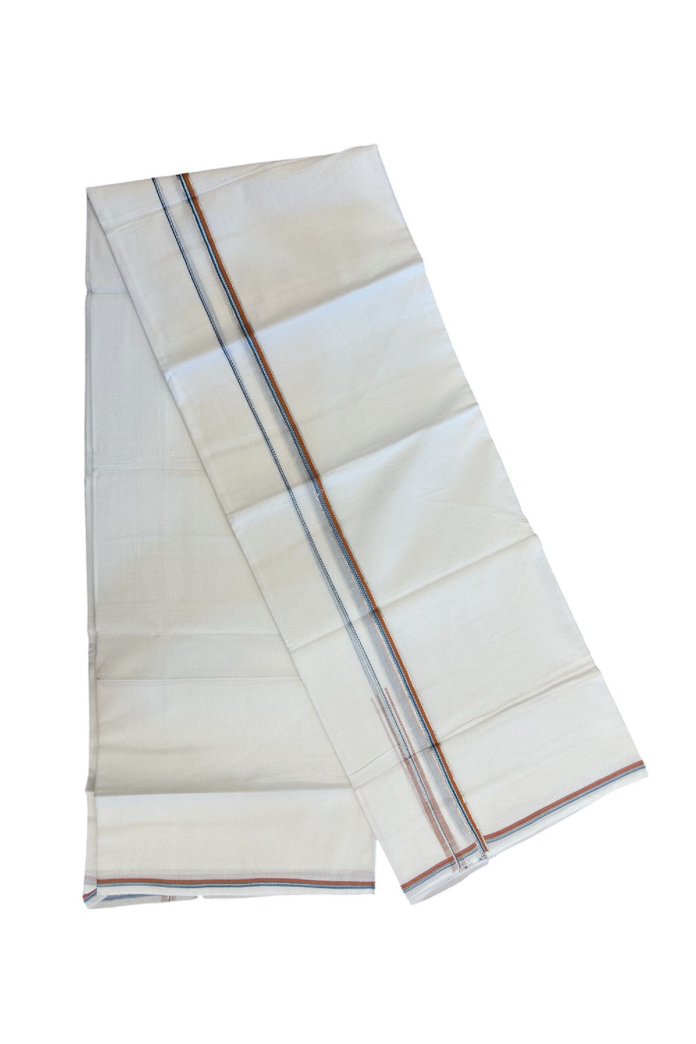 20% Discount !! Kaitharikada Balaramapuram 100% Cotton PURE WHITE DOUBLE Mundu/Dothi- 100X80 - 0.25 inch Silver Kasavu Light Orange & Blue Green Design Chutty Kara - 14KK5217 CKS