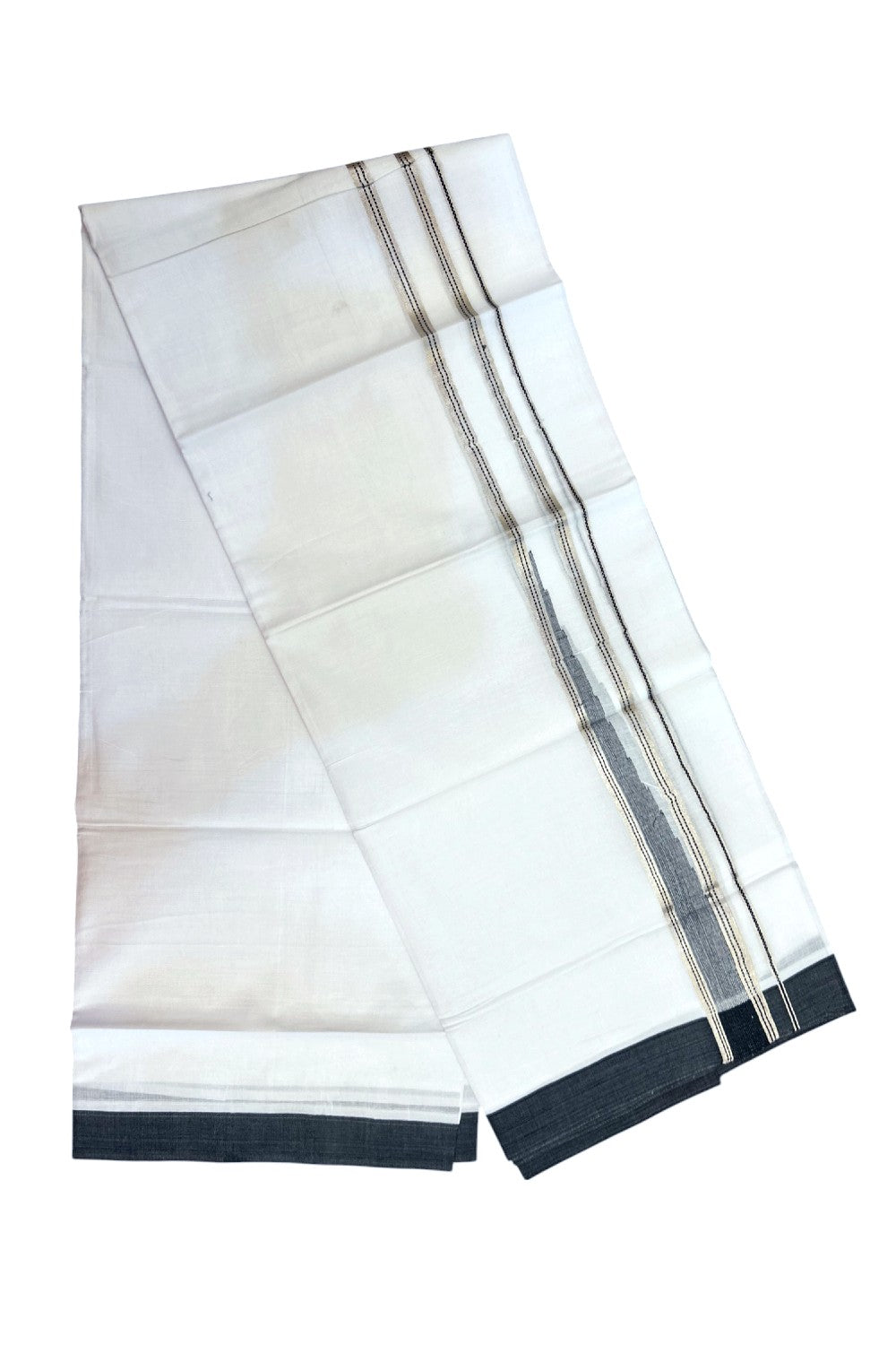 20% Discount ! Kaitharikada Balaramapuram 100% Cotton PURE WHITE DOUBLE Mundu/Dothi - 100x100 - 1.25 inch Puliyilakkara Black & Silver Kasav Stripes Chutty Kara 4 mtr (8.5 muzham) - 14KK5221 GAN