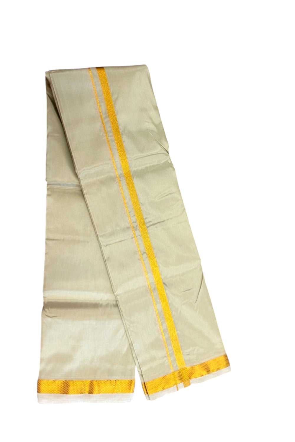 12% Discount!! KaithariKada Balaramapuram 100% Silk Double Mundu/Dhoti - Olive Green Colour Body - 0.5 inch Gold Kasavu Kara 3.60 mtr (8 muzham) - 14KK5222 GAN