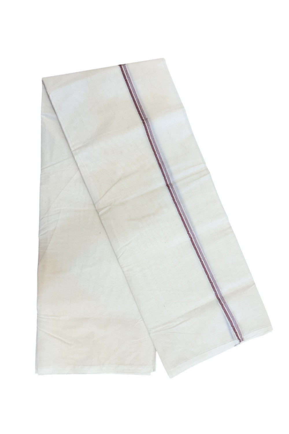20% Discount KaithariKada Balaramapuram 100% Cotton Double Off white - (Unbleached) - Mundu/Dhoti - 100x100 - 0.5 inch Silver Kasav & Maroon Design Kara - 14KK5226 ASH