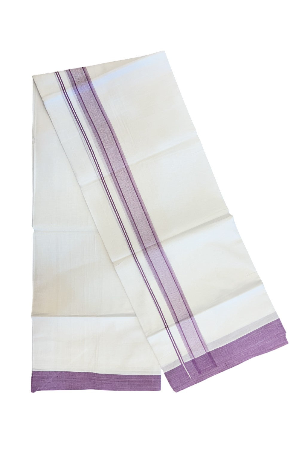 20% DISCOUNT! KaithariKada Balaramapuram 100% Cotton Double Pure white Mundu/Dhoti-( 60s ) - 1.5 inch Purple Lavender Shaded Kara - 3.86mtr ( 8 muzham) - 14KK5227 PMC