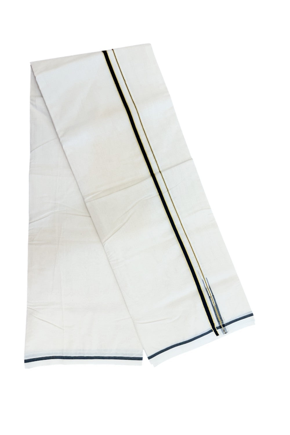 20% DISCOUNT! KaithariKada Balaramapuram 100% Cotton Double Off white - (Unbleached) Mundu/Dhoti- 100x100 0.5 inch Puliyilakkara Gold Kasavu & Black Chutty Kara - 3.86 mtr (8 muzham)- 14KK5228 ASH