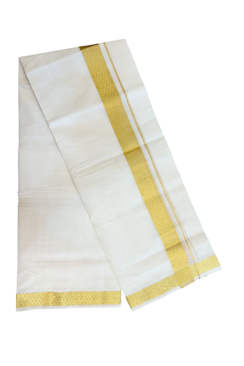 25% DISCOUNT ! KaithariKada HANDLOOM Unakkupaav Balaramapuram - 100% PURE Cotton OFF WHITE - (Unbleached) Double Mundu/Dhoti - 100x80 - 1.75 inch Gold Kasavu Jacquard Design Kara 4 mtr (8.5 Muzham) - 13KK5231 ABH