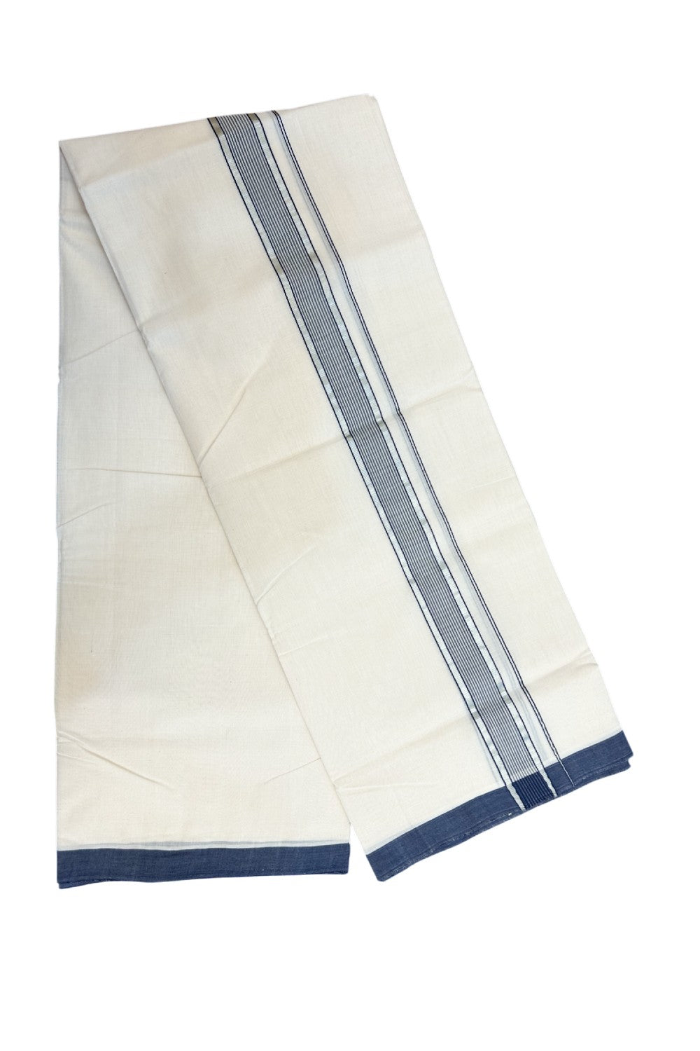 25% DISCOUNT!! KaithariKada HANDLOOM Millpaav Balaramapuram - 100% PURE Cotton OFF White Double (Unbleached) Mundu/Dothi - 80x90 - 1.5 Inch Silver Kasavu & Navy Blue Stripes Kara 4 mtr (8.5 muzham) - 14KK5234 RAM