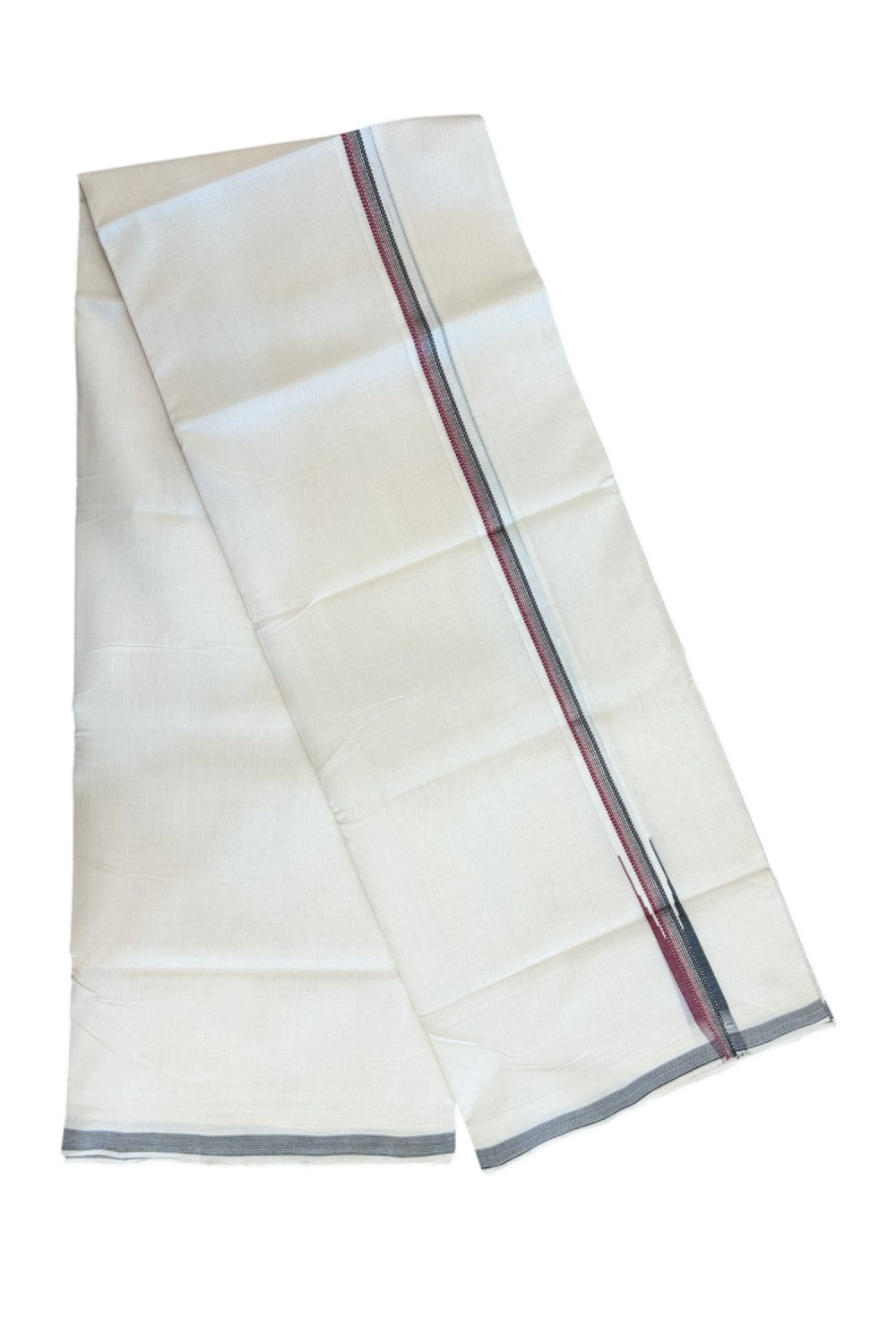 25% Discount! KaithariKada HANDLOOM UNAKKUPAAV Balaramapuram - 100% PURE Cotton OFF WHITE (Unbleached) Double Mundu/Dhoti - 80x90 - 1 inch Silver kasavu striped Black & Red chutty 4 Mtr (8.5 Muzham) - 14KK5235 YAR