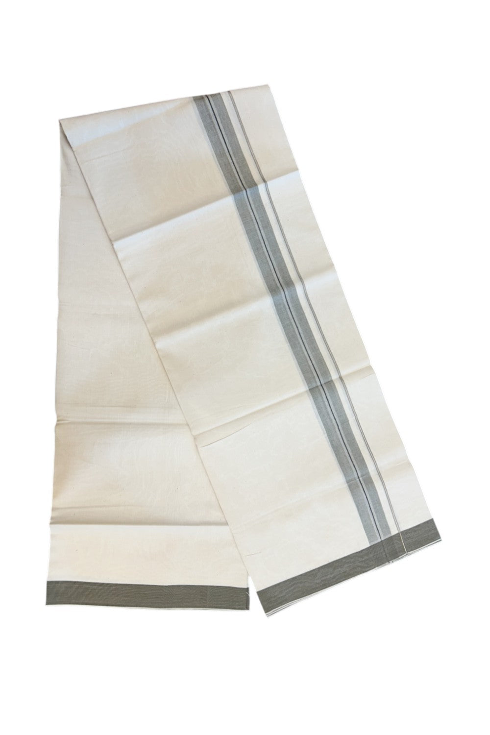 24% Discount !! KaithariKada Balaramapuram 100% Cotton OFF WHITE (Unbleached) Single Mundu/Dhoti - Twisted 60s Thread - 1.25 inch Silver kasavu Dark Greyish brown shaded Black striped Kara (2 meter / 4 muzham) - 44KK5241 GL