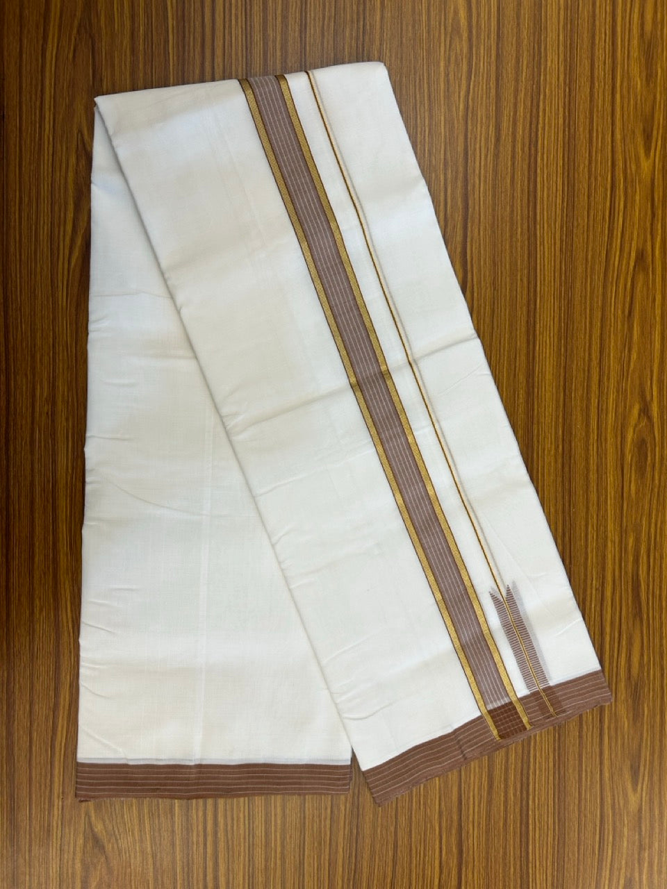 25% Discount!! NEW ULTRA PURE WHITE THREAD HANDLOOM Balaramapuram - 100% MERCERISED Cotton Double Mundu/Dhoti - 120 twisted warp x 80s weft - Brown White Stripes Gold Kasav Chutty Kara- 14KK5248 REA
