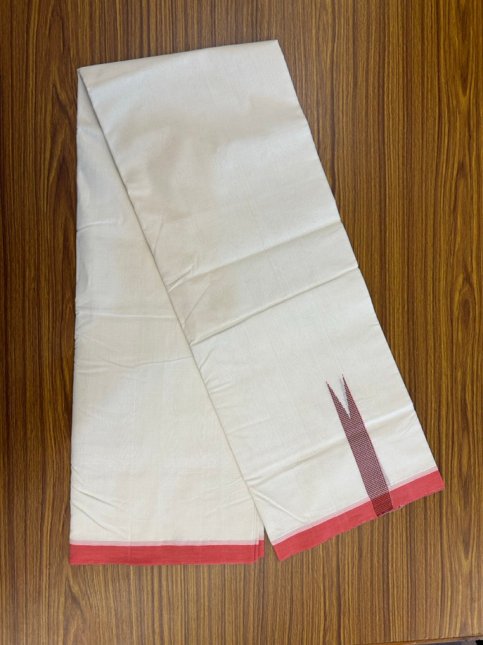 25% DISCOUNT!! KaithariKada HANDLOOM UNAKKUPAAV Balaramapuram - 100% PURE Cotton OFF White - (Unbleached) Double Mundu/Dothi - 100 x 80 - Black Pink Red Chutty Kara - 3.80 meter (8.5 mulam) - 14 KK5249 REA