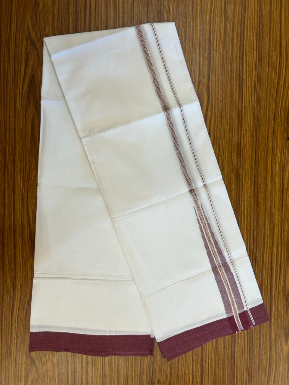 22% Discount ! NEW! KaithariKada Balaramapuram 100% Cotton Pure white Double Mundu/Dhoti - (100x80)s - Heavy Chutty Dark Maroon Chutty Silver Kasav - 14 KK5252 CKS
