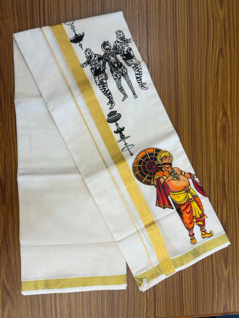 25% Discount!! KaithariKada Balaramapuram Pure Cotton Double Off white - (Ubleached) Mundu/Dhoti - 80x72 - 1 inch Kasavu & Maveli Chenda Pulikkali Printed Design Kara - 14 KK5262 MUT