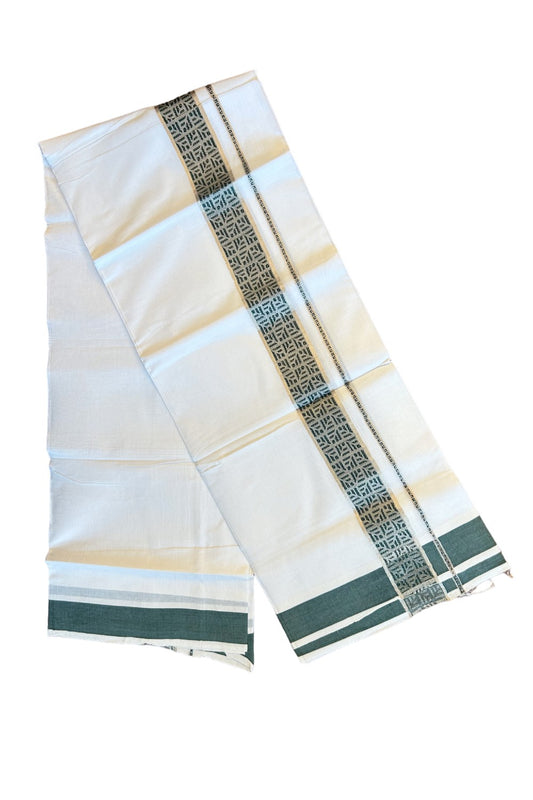 20% DISCOUNT! KaithariKada Balaramapuram 100% Cotton Double PURE white Mundu/Dhoti-100x100  Silver kasavu dark green pattern Kara  - 14KK79PMC