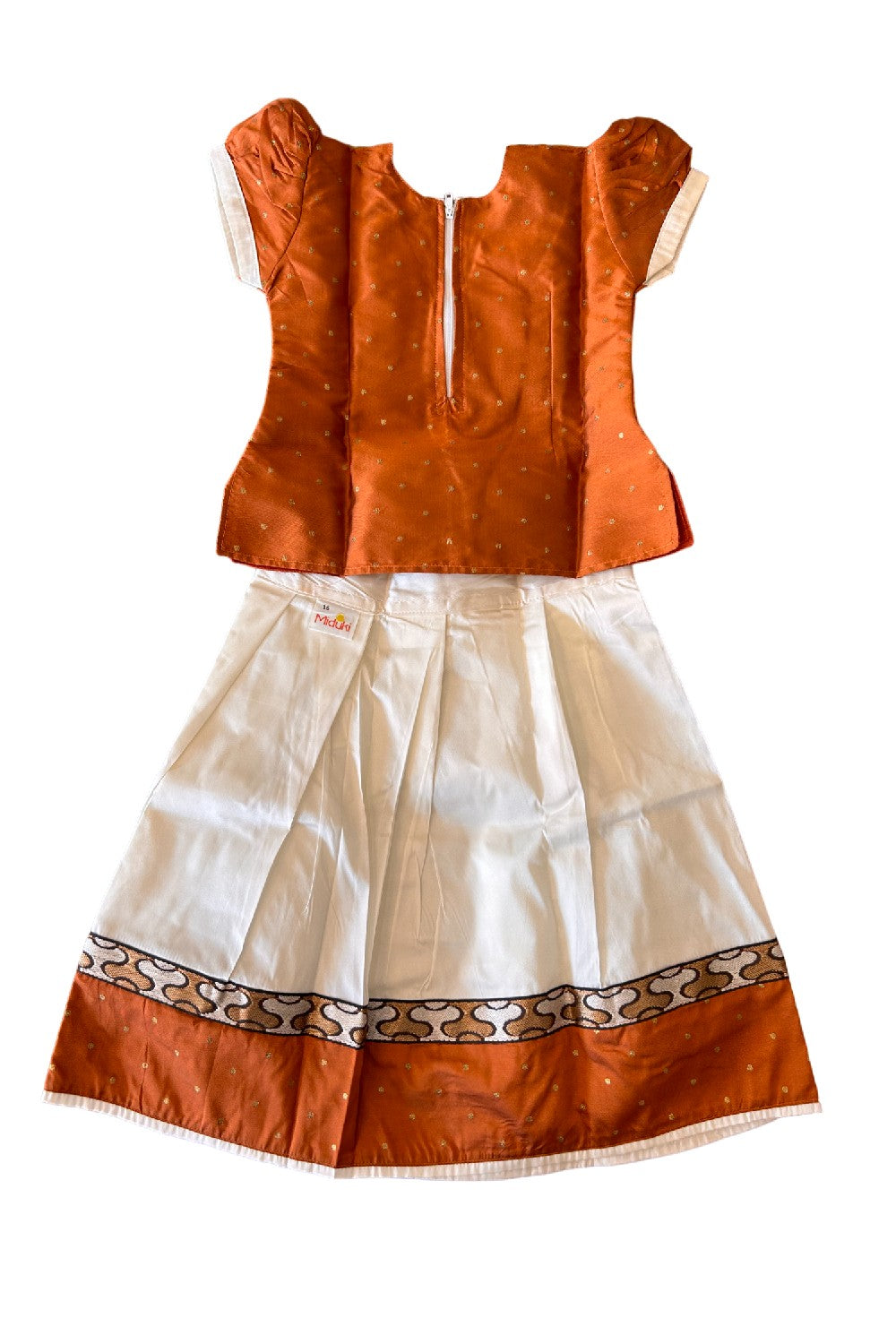Midukki-Traditional South Indian Kids Pattu Pavada- Brown top offwhite skirt with printed border - Age 2 - KK2MID0014