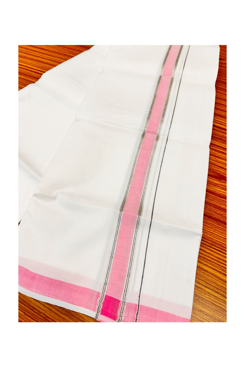 30% OFFER! KaithariKada 100% Cotton Balaramapuram HANDLOOM Single PURE WHITE Mundu/Dhoti - 1.75 inch (2 meter / 4 muzham) Pink Silver Kasavu Kara - 14KAI.