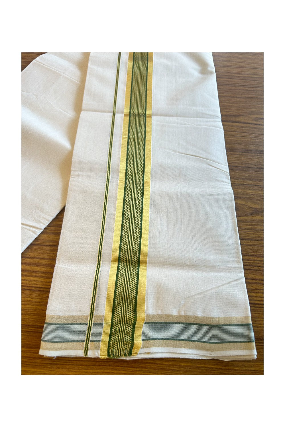 30% DISCOUNT!! KaithariKada HANDLOOM Millpaav Balaramapuram - 100% PURE Cotton OFF White - (Unbleached) Double Mundu/Dothi - 2.75 Inch Kasavu & Green striped pattern Kara - 14KK456KK