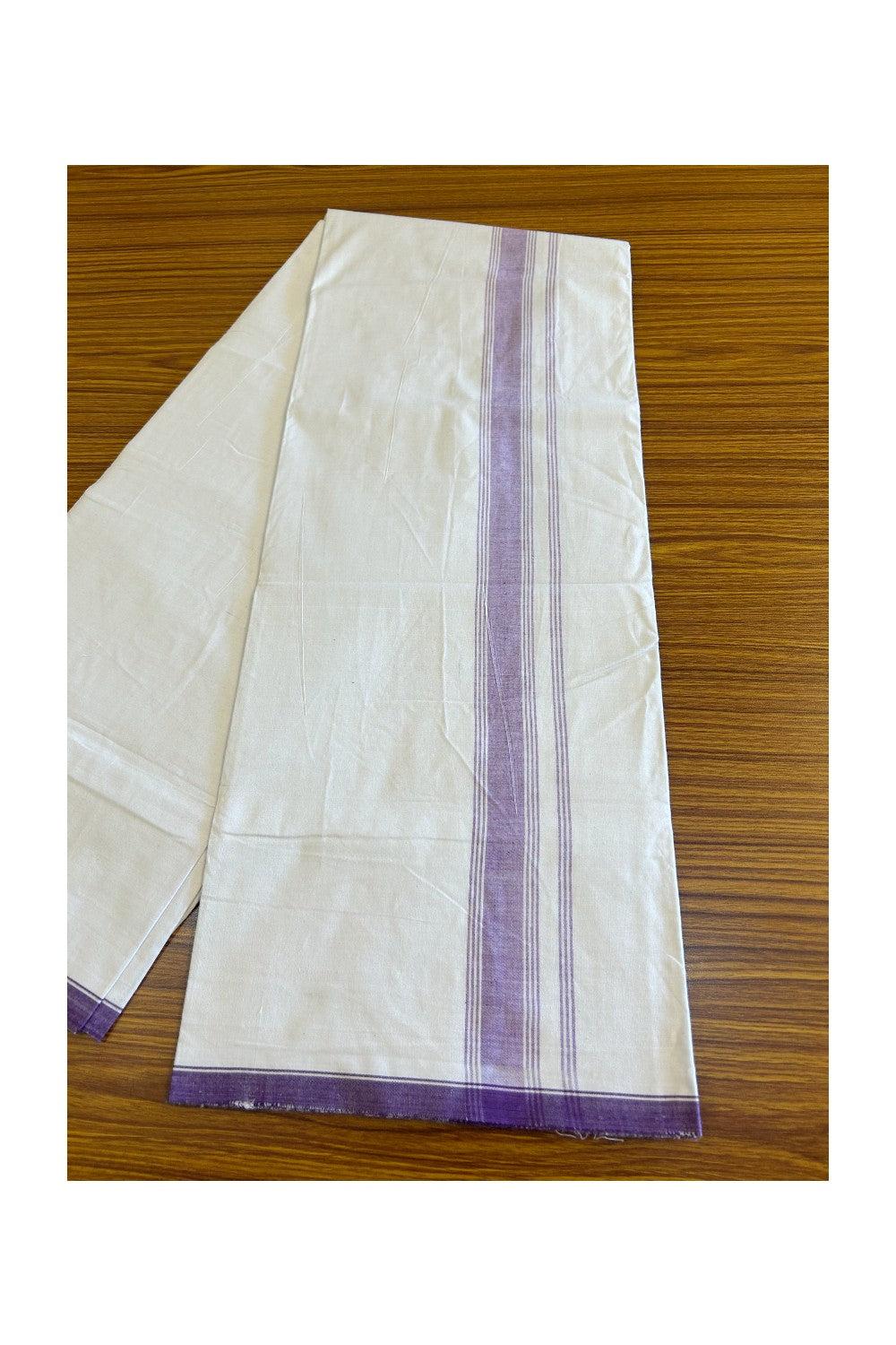 Ultimate HANDLOOM- 30% Discount! - Kaitharikada Kalamachal-Government Sealed HALLMARKED-100% PURE COTTON! (80x80) Twisted Thread- Light WHITE SINGLE Mundu / Dhoti - 2.25 inch Lavender Violet Striped Kara - 14KK478KAL