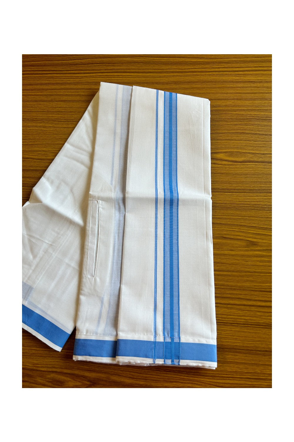 KaithariKada Balaramapuram COTTON SINGLE PURE WHITE VELCRO Mundu/Dhoti - 1.75inch Blue kara (2 metre / 4 muzham)- 14KK485SRI