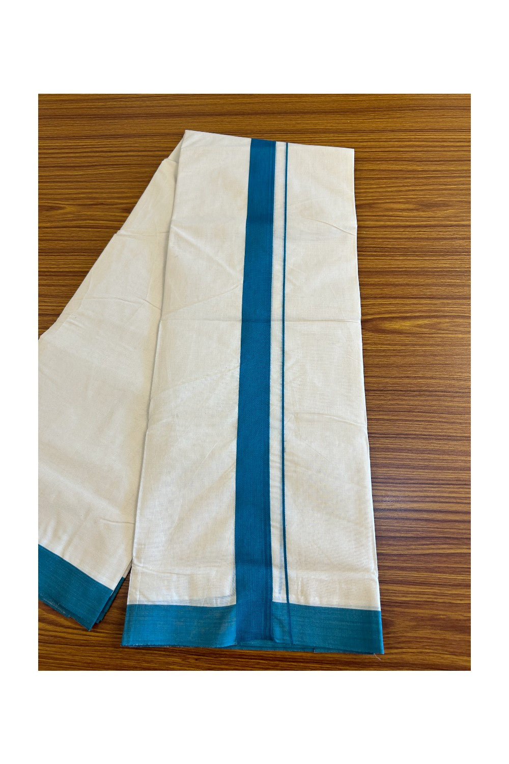 10% Discount!!! KaithariKada Balaramapuram 100% Cotton Double Off white - (Unbleached) Mundu/Dhoti-100x100 2 inch Peacock Blue Kara - 14KK500KK