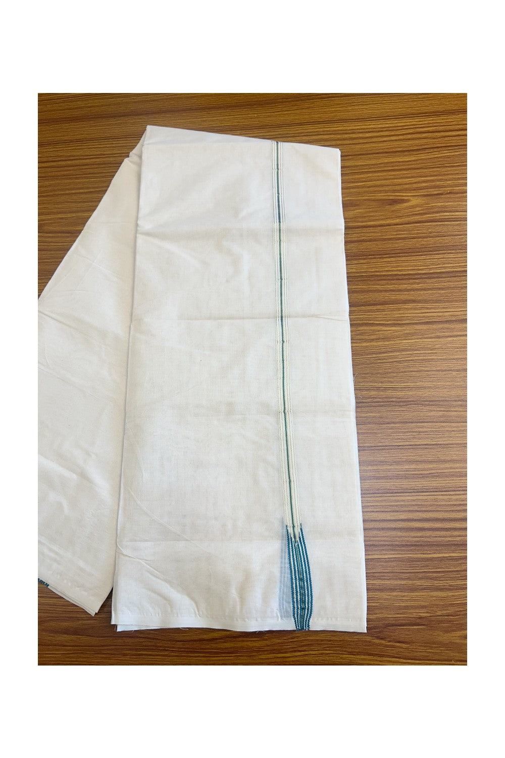 22% Discount! KaithariKada Balaramapuram 100% Cotton Double - (Unbleached) Mundu/Dhoti-100x100 Chutty PEACOCK GREEN White & Golden Kasavu 1.5 cm Kara- 23ASH02.