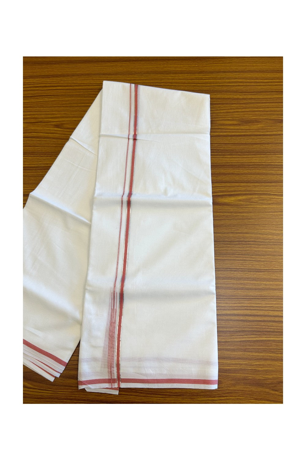15% Discount !! KaithariKada Balaramapuram 100% Cotton PURE WHITE Double Mundu/Dhoti-100x100 - 1 cm Puliyilakkara Silver Kasavu & Peach Chutty Kara - 14KK5066KK