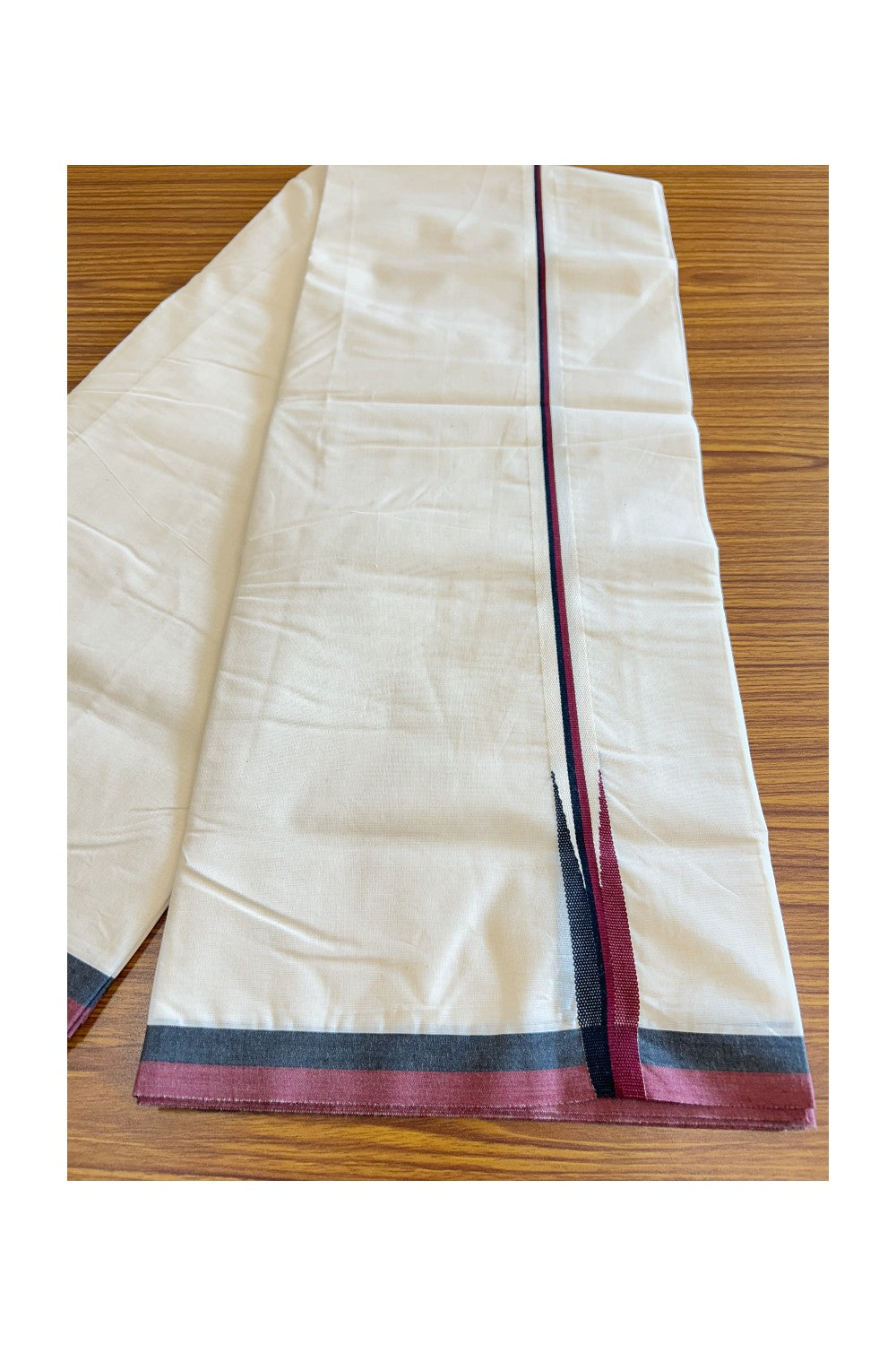 DMK Veshti - 28% DISCOUNT! KaithariKada 100% Cotton off white Double - (Unbleached) Mundu/Dhoti - 100X100 - 2 cm Puliyilakkara Black & Maroon chutty - 13KK5120ASH