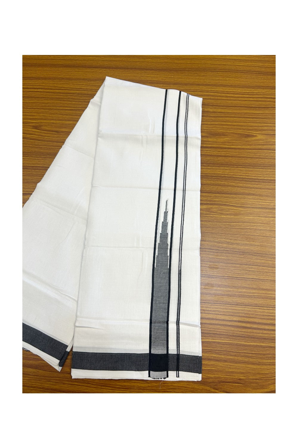 25% DISCOUNT! KaithariKada Balaramapuram 100% Mercerised Cotton Double ULTRA PURE white Mundu/Dhoti - 120x120 - 1.5 inch Heavy Chutty Black Shaded Kara - 14KK5139THI