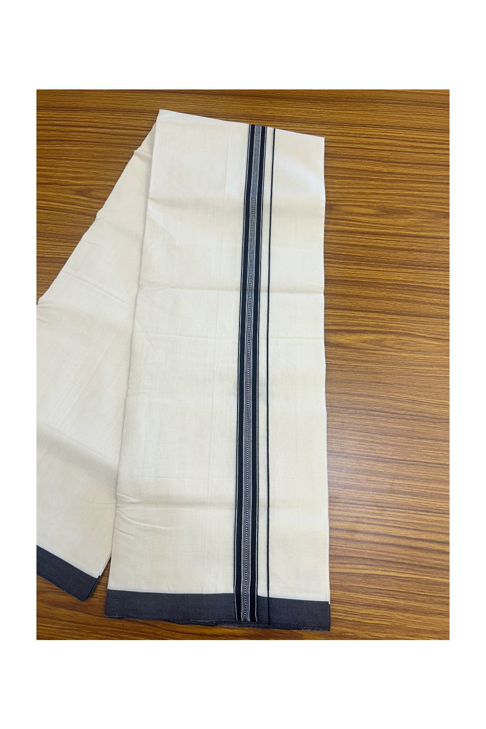 25% DISCOUNT!! KaithariKada HANDLOOM UNAKKUPAAV Balaramapuram - 100% PURE Cotton OFF White - (Unbleached) Double Mundu/Dothi - 100x100 - 1 inch Navy Blue & White pattern kara 3.80 meter (8.5 Muzham) - 14KK5167REA