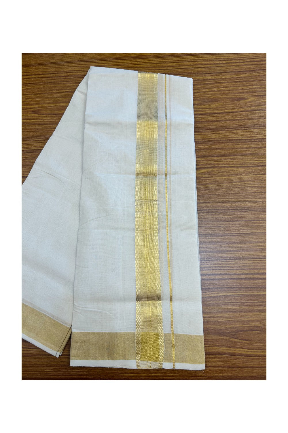 25% DISCOUNT!! KaithariKada HANDLOOM MILLPAAV Balaramapuram - 100% PURE Cotton OFF White - (Unbleached) Double Mundu/Dothi - 2 inch Gold Kasavu design Striped kara - 5KK5170RAM