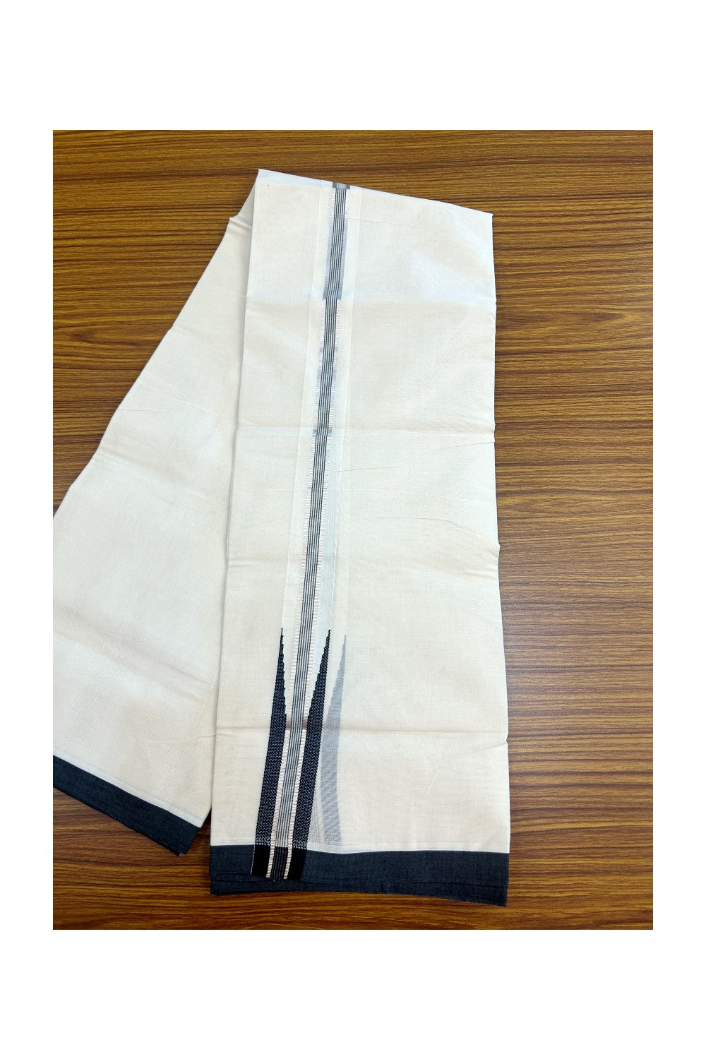 15% DISCOUNT ! KaithariKada Balaramapuram 100% Cotton DOUBLE OFF WHITE Mundu/Dhoti (Unbleached) - 100X80 - 1.5 inch Puliyilakkara BLACK SILVER Big chutty - 14KK5171GAN