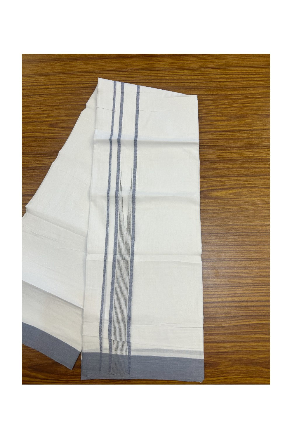 20% DISCOUNT! KaithariKada Balaramapuram DOUBLE PURE WHITE 100% Cotton Mundu/Dhoti - 100x80 - 1.5 inch Ash Blue Putta Design Chutty Kara - 14KK5174THI