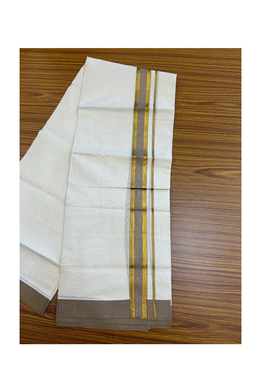 20% DISCOUNT! KaithariKada Balaramapuram Double OFF WHITE Mundu/Dhoti - 80x80 - 1.5 Inch Gold Kasavu & Coffee Brown Shaded striped Kara - 14KK5182VAS