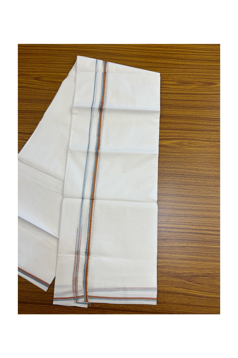 20% Discount !! Kaitharikada Balaramapuram 100% Cotton PURE WHITE DOUBLE Mundu/Dothi- 100X80 Thread - 0.5 inch - Silver Kasavu Orange & Cyan Design Chutty Kara - 14KK5184RAMS