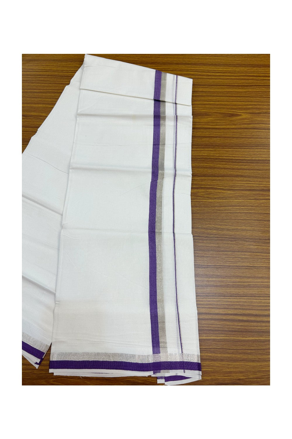 20% Discount !! Kaitharikada Balaramapuram 100% Cotton PURE WHITE Double Mundu/Dothi - 100x100 - 1 inch Silver Kasavu & Violet Kara - 14KK5191CKS