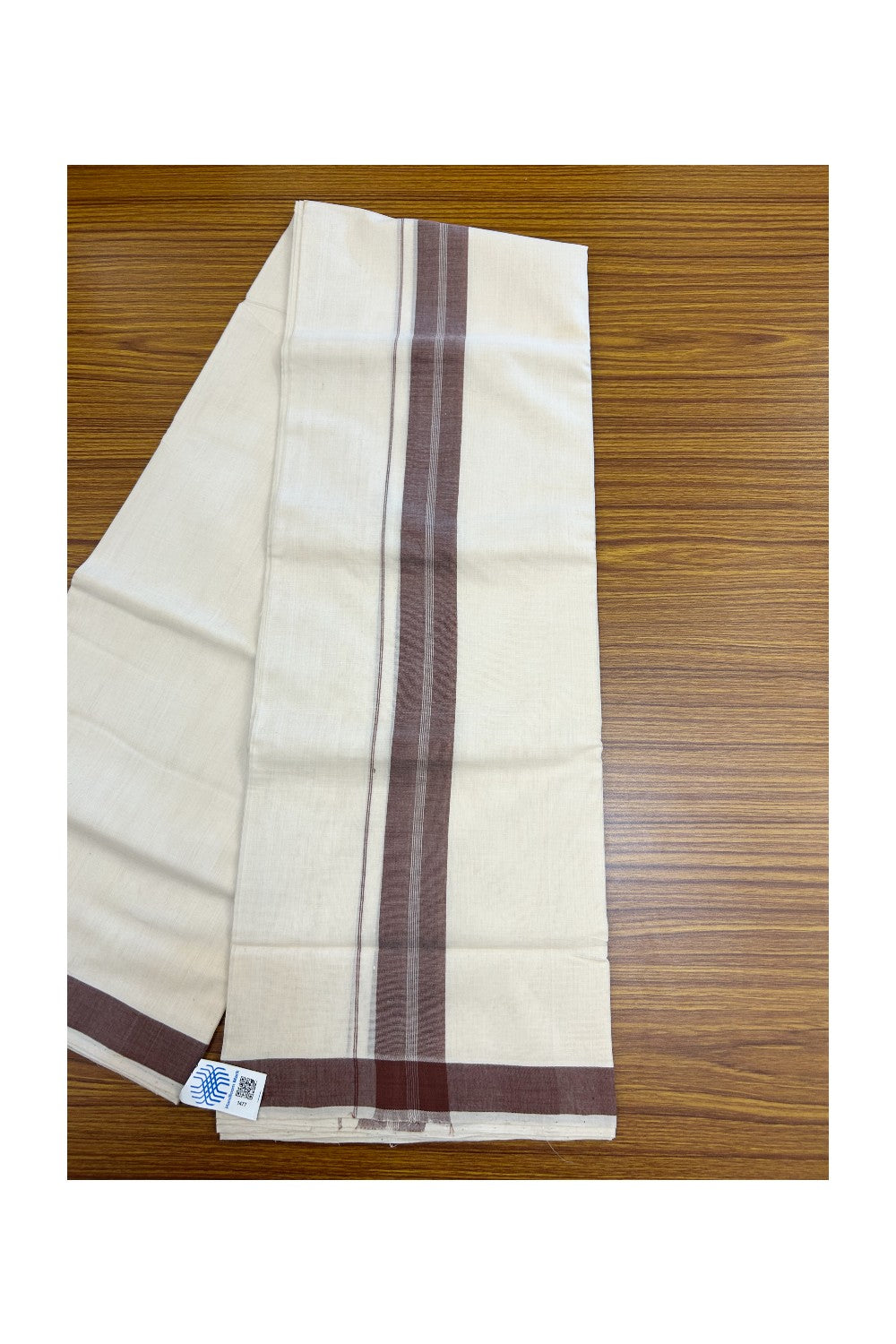 25% Discount KaithariKada HANDLOOM Unakkupaav Balaramapuram - 100% PURE Cotton off white (Unbleached) Double Mundu/Dhoti - 80X90 - 1.75 inch Brown Center Stripes Kara 3.80 mtr - 14KK5192ELA