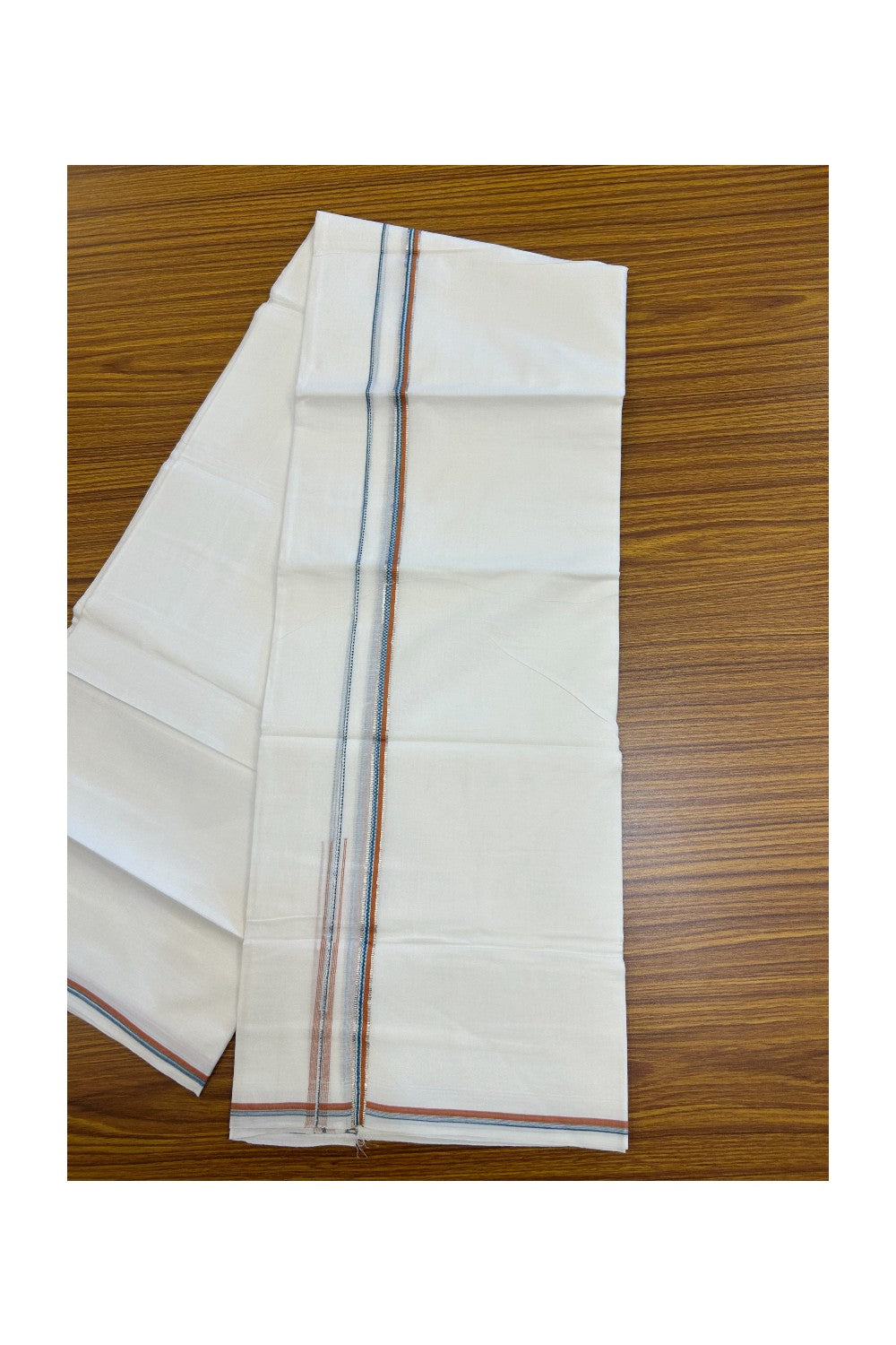 20% Discount !! Kaitharikada Balaramapuram 100% Cotton PURE WHITE DOUBLE Mundu/Dothi- 100X80 - 0.25 inch Silver Kasavu Light Orange & Blue Green Design Chutty Kara - 14KK5217 CKS