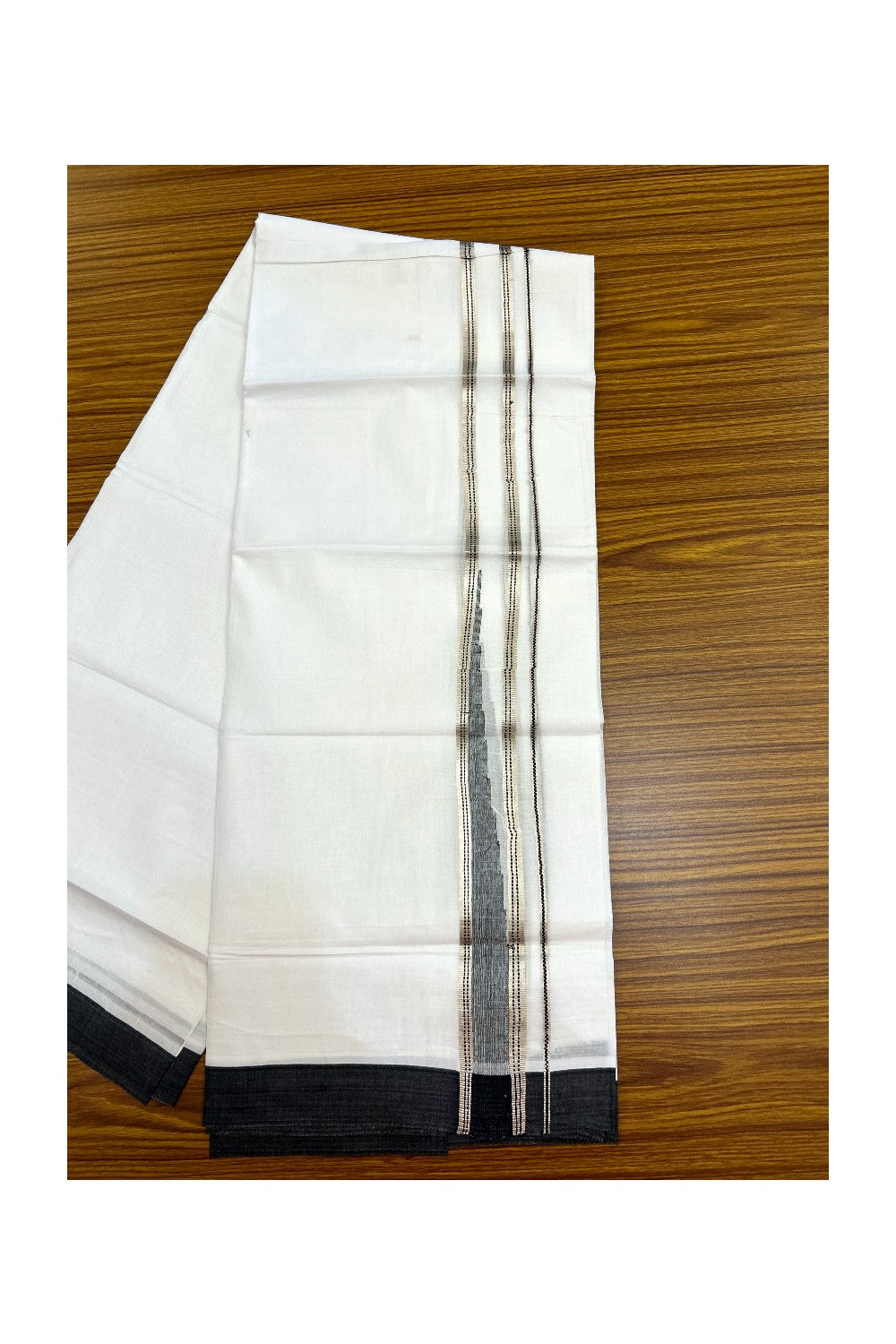 20% Discount ! Kaitharikada Balaramapuram 100% Cotton PURE WHITE DOUBLE Mundu/Dothi - 100x100 - 1.25 inch Puliyilakkara Black & Silver Kasav Stripes Chutty Kara 4 mtr (8.5 muzham) - 14KK5221 GAN