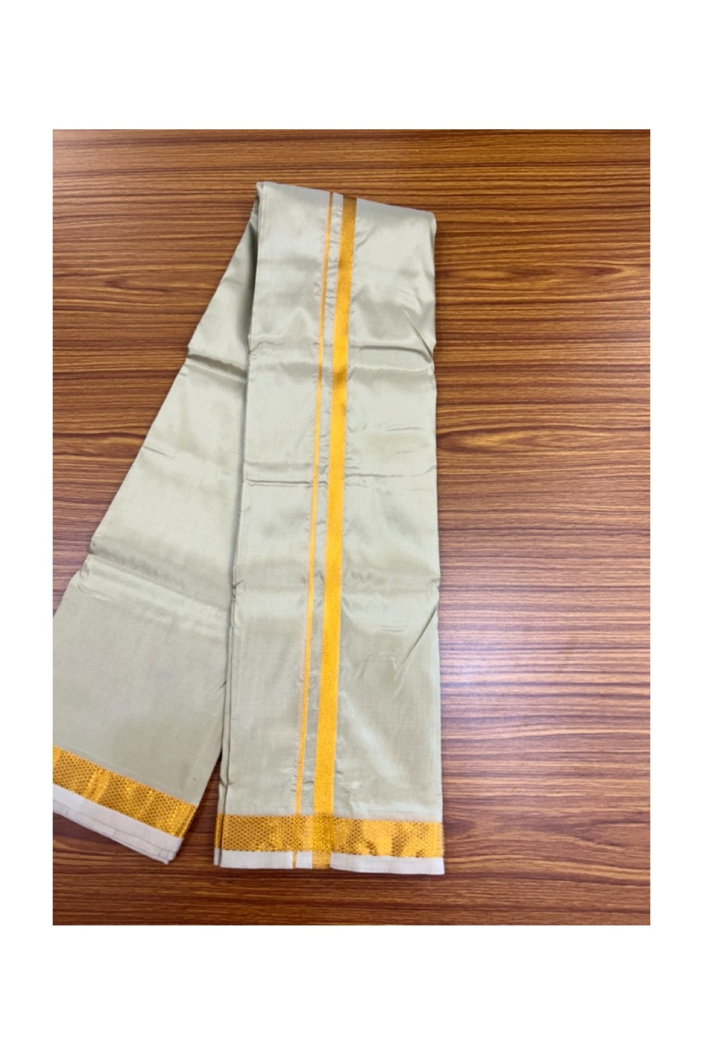 12% Discount!! KaithariKada Balaramapuram 100% Silk Double Mundu/Dhoti - Olive Green Colour Body - 0.5 inch Gold Kasavu Kara 3.60 mtr (8 muzham) - 14KK5222 GAN