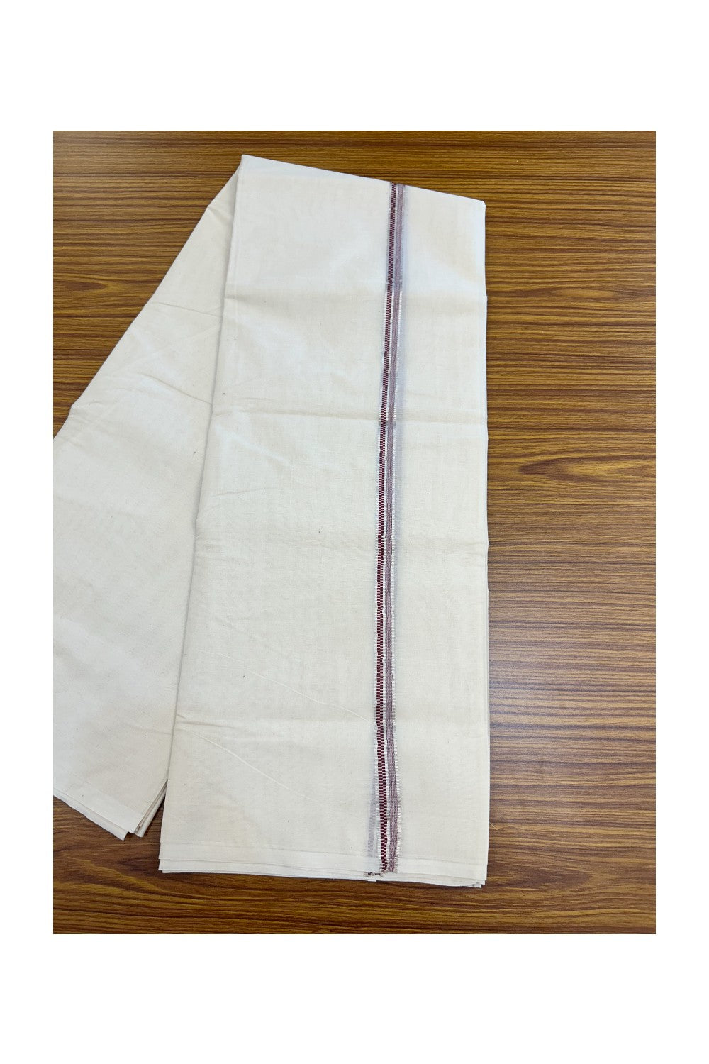 20% Discount KaithariKada Balaramapuram 100% Cotton Double Off white - (Unbleached) - Mundu/Dhoti - 100x100 - 0.5 inch Silver Kasav & Maroon Design Kara - 14KK5226 ASH