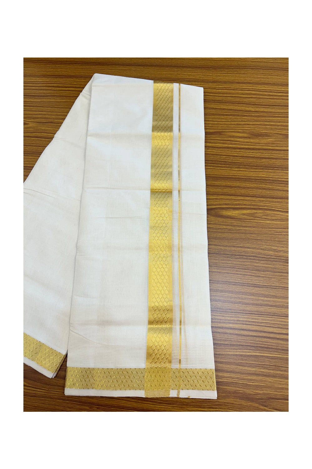 25% DISCOUNT ! KaithariKada HANDLOOM Unakkupaav Balaramapuram - 100% PURE Cotton OFF WHITE - (Unbleached) Double Mundu/Dhoti - 100x80 - 1.75 inch Gold Kasavu Jacquard Design Kara 4 mtr (8.5 Muzham) - 13KK5231 ABH
