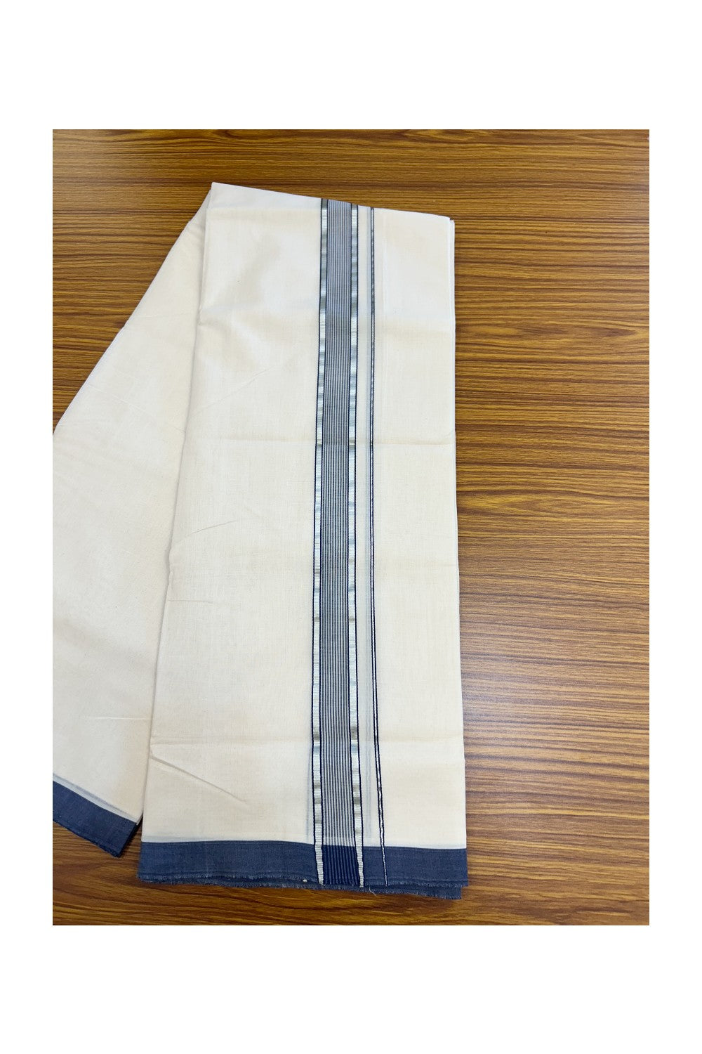 25% DISCOUNT!! KaithariKada HANDLOOM Millpaav Balaramapuram - 100% PURE Cotton OFF White Double (Unbleached) Mundu/Dothi - 80x90 - 1.5 Inch Silver Kasavu & Navy Blue Stripes Kara 4 mtr (8.5 muzham) - 14KK5234 RAM