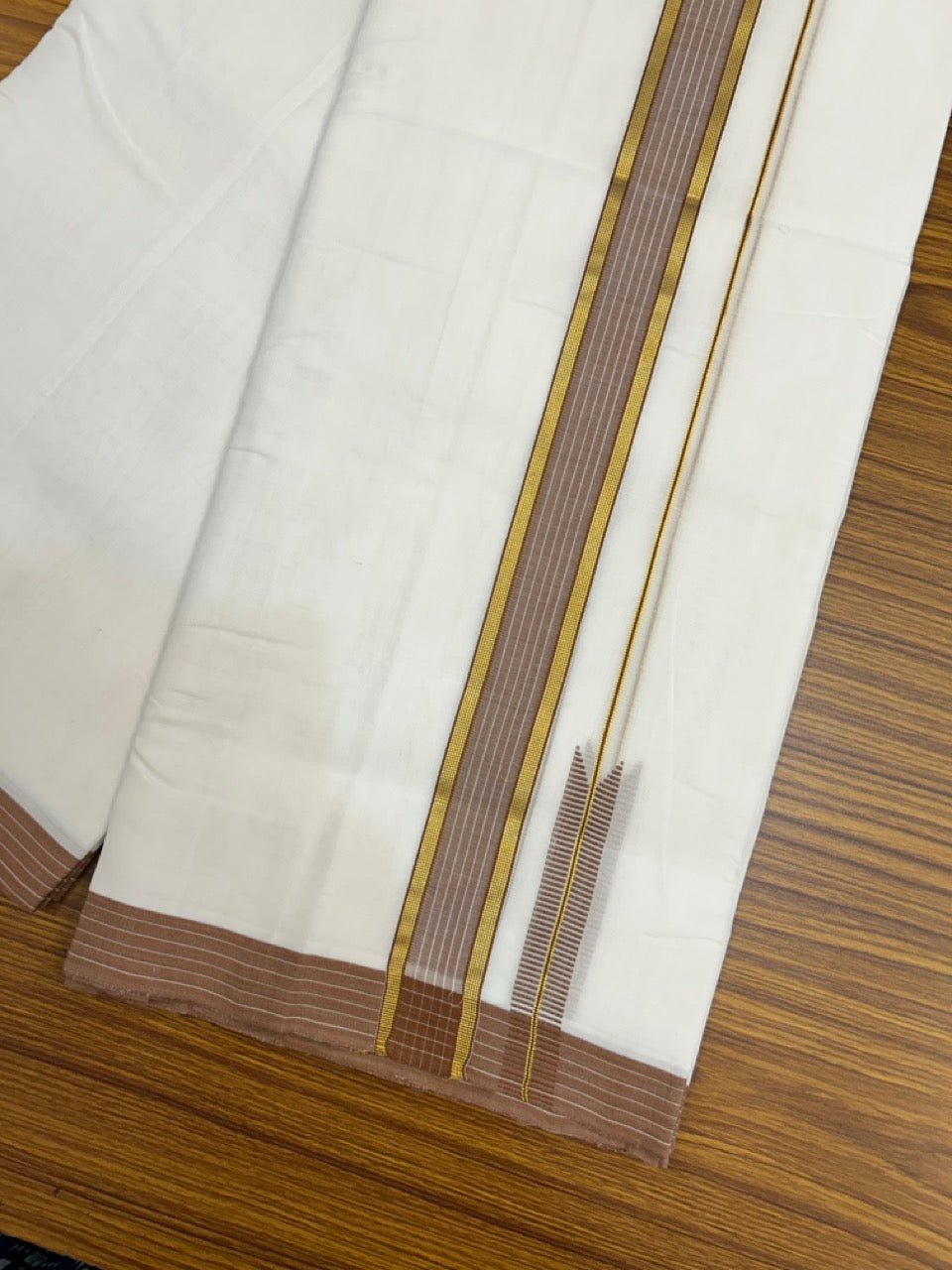 25% Discount!! NEW ULTRA PURE WHITE THREAD HANDLOOM Balaramapuram - 100% MERCERISED Cotton Double Mundu/Dhoti - 120 twisted warp x 80s weft - Brown White Stripes Gold Kasav Chutty Kara- 14KK5248 REA