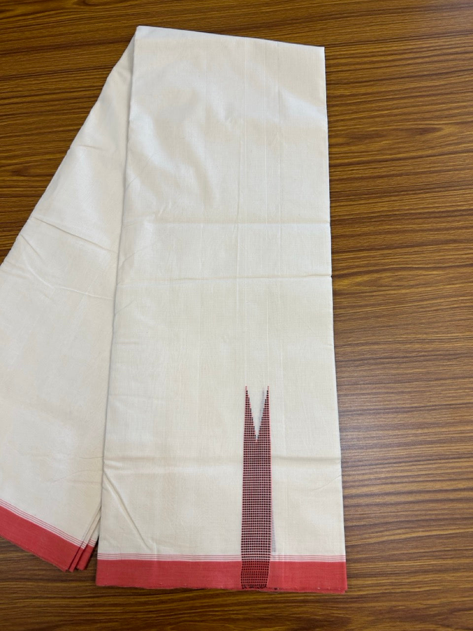 25% DISCOUNT!! KaithariKada HANDLOOM UNAKKUPAAV Balaramapuram - 100% PURE Cotton OFF White - (Unbleached) Double Mundu/Dothi - 100 x 80 - Black Pink Red Chutty Kara - 3.80 meter (8.5 mulam) - 14 KK5249 REA