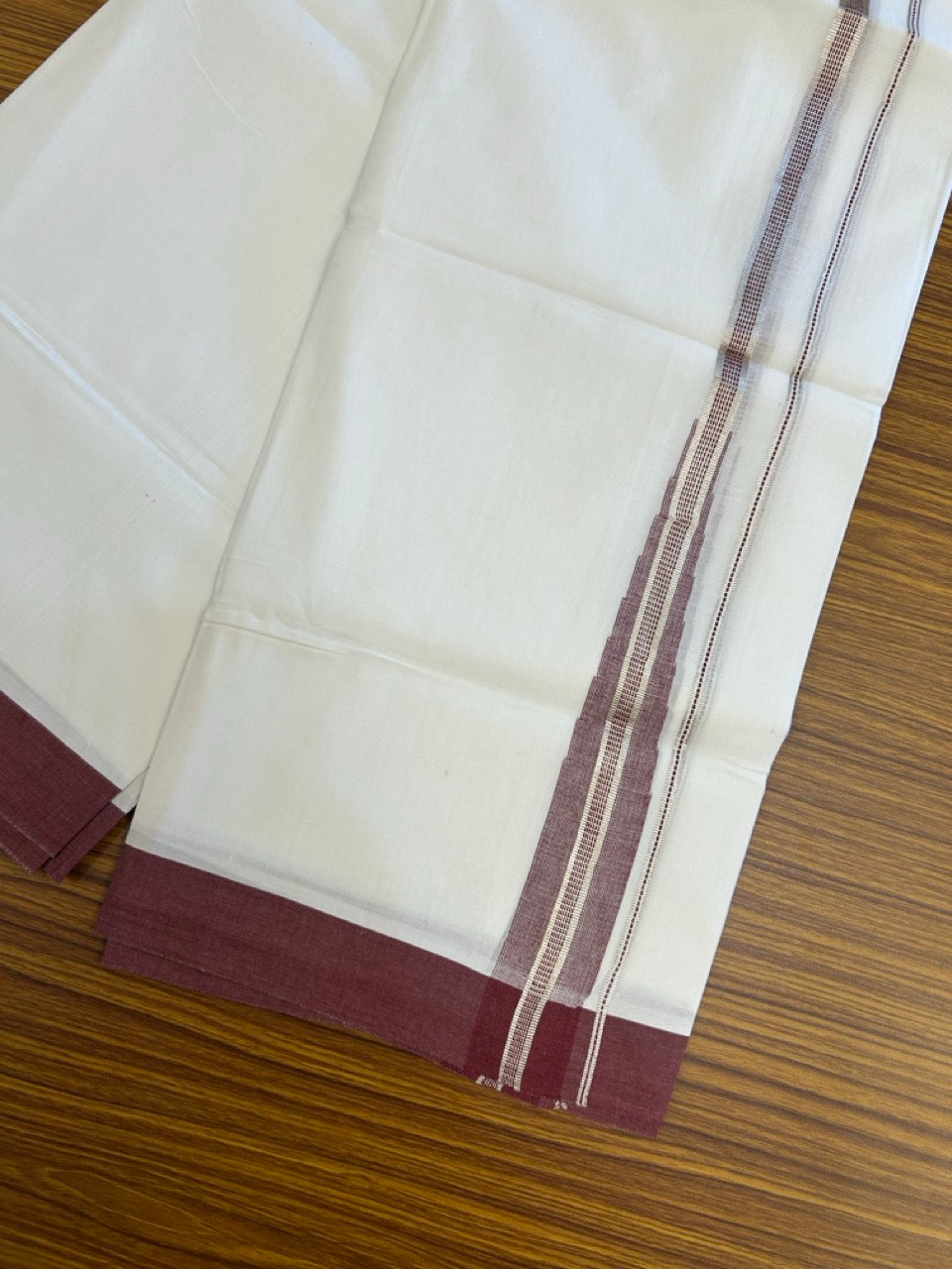 22% Discount ! NEW! KaithariKada Balaramapuram 100% Cotton Pure white Double Mundu/Dhoti - (100x80)s - Heavy Chutty Dark Maroon Chutty Silver Kasav - 14 KK5252 CKS