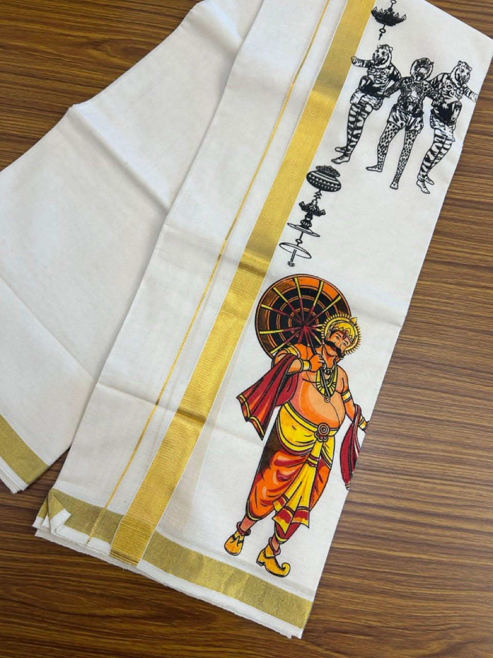 25% Discount!! KaithariKada Balaramapuram Pure Cotton Double Off white - (Ubleached) Mundu/Dhoti - 80x72 - 1 inch Kasavu & Maveli Chenda Pulikkali Printed Design Kara - 14 KK5262 MUT