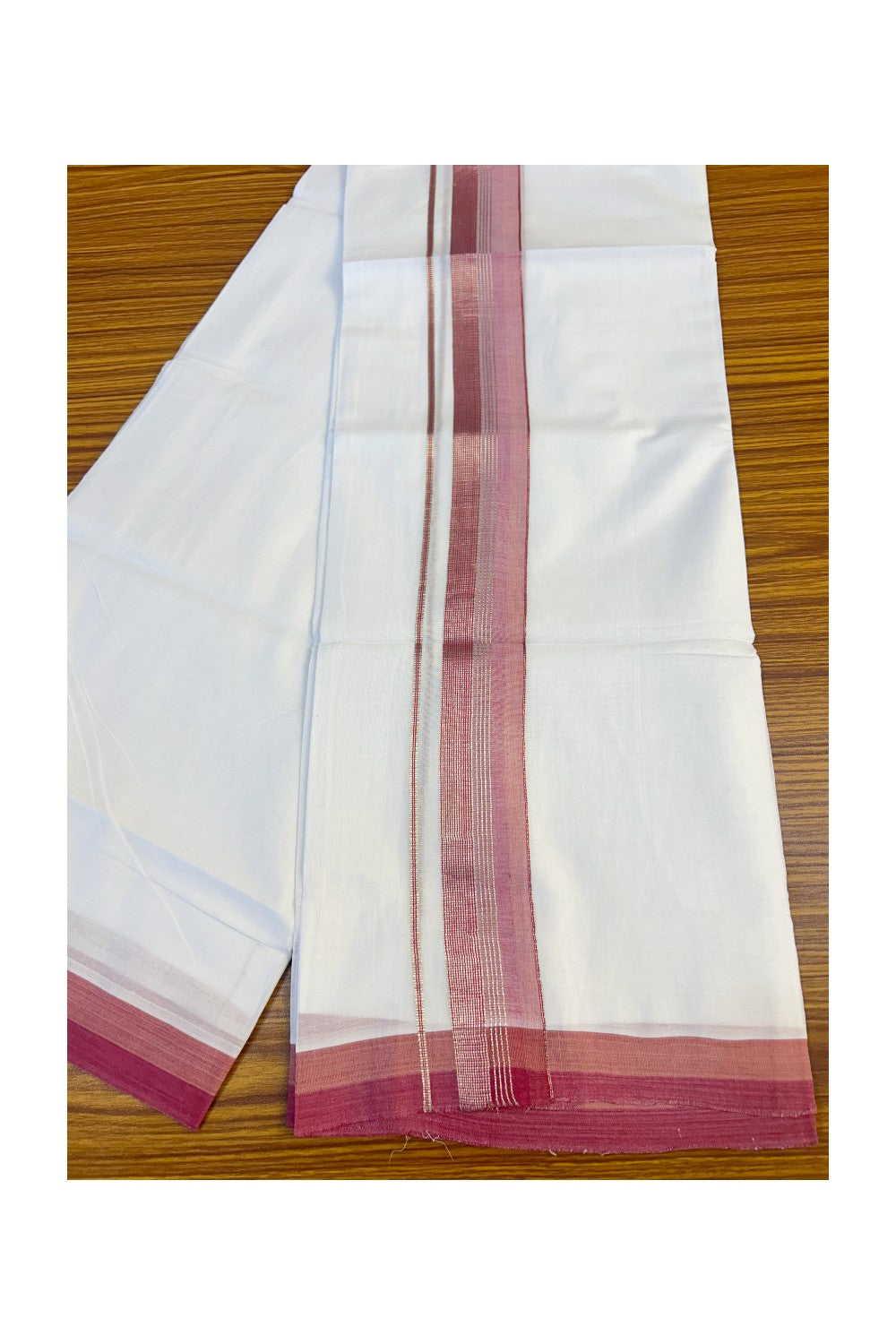 21% DISCOUNT!! Kaitharikada Balaramapuram 100% Cotton PURE WHITE Double Mundu/Dothi-100x80 2.25 Inch Pink & silver striped Cotton Kara -14KK63VIN