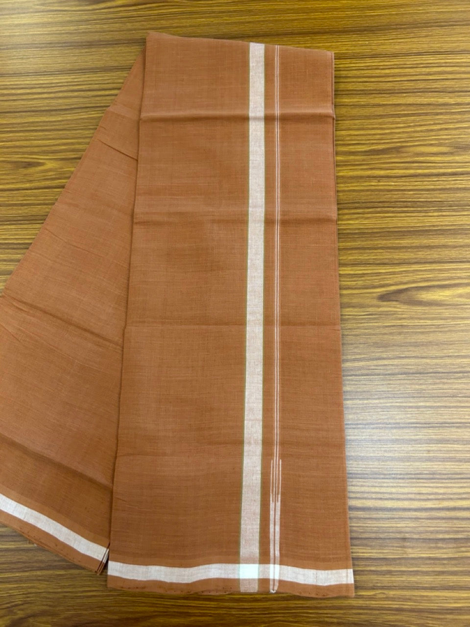 HANDLOOM Single KaithariKada - 10% Discount ! 100% Pure Cotton - Mundu/Dhoti KAVI COLOUR BODY 2cm WHITE Kara Stripes Chutty (2 meter / 4 muzham)- 14KK8026ELA