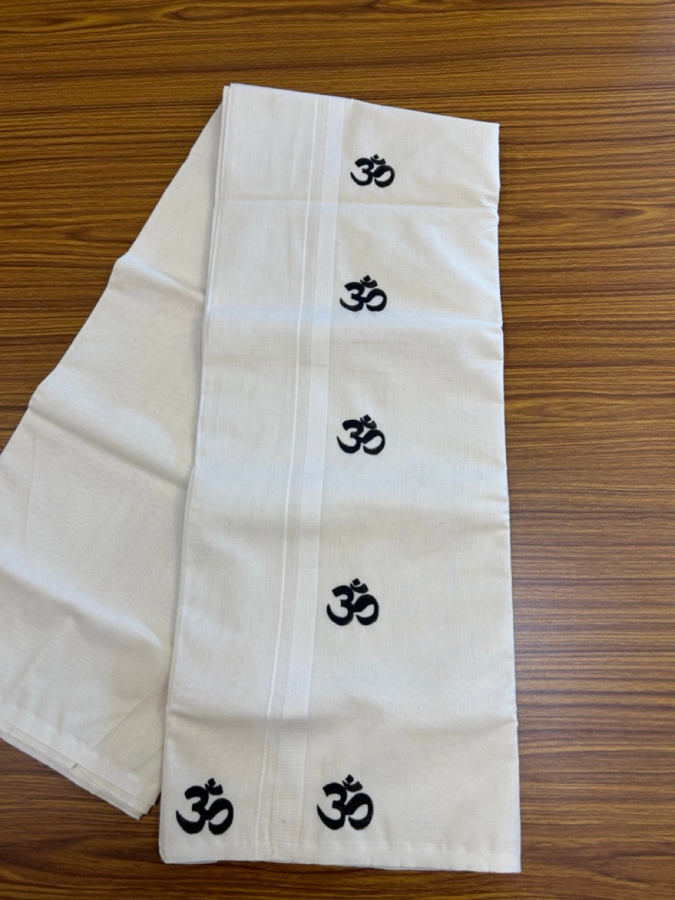 KaithariKada Balaramapuram 100% Cotton Double Off white - (Unbleached) Mundu/Dhoti-100x80 - 0.5 inch Hand Painted Black Ohm Design Kara 4 mtr (8.5 muzham) - 12 KK5244 ASH