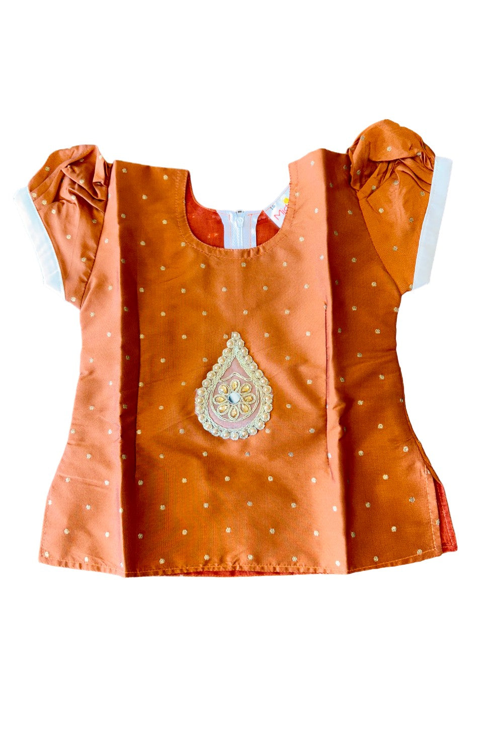 Midukki-Traditional South Indian Kids Pattu Pavada- Brown top offwhite skirt with printed border - Age 2 - KK2MID0014