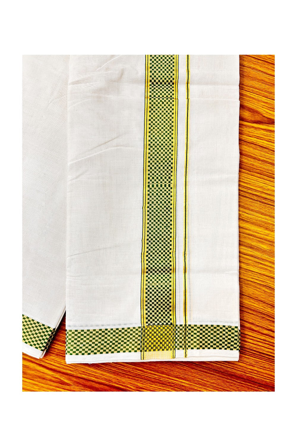 25% DISCOUNT ! KaithariKada HANDLOOM Unakkupaav Balaramapuram - 100% PURE Cotton 4.58 Meter Off White (Unbleached) Double Mundu/Dhoti - Green Check & KASAVU DESIGN 2.5 Inch KARA- ABH14